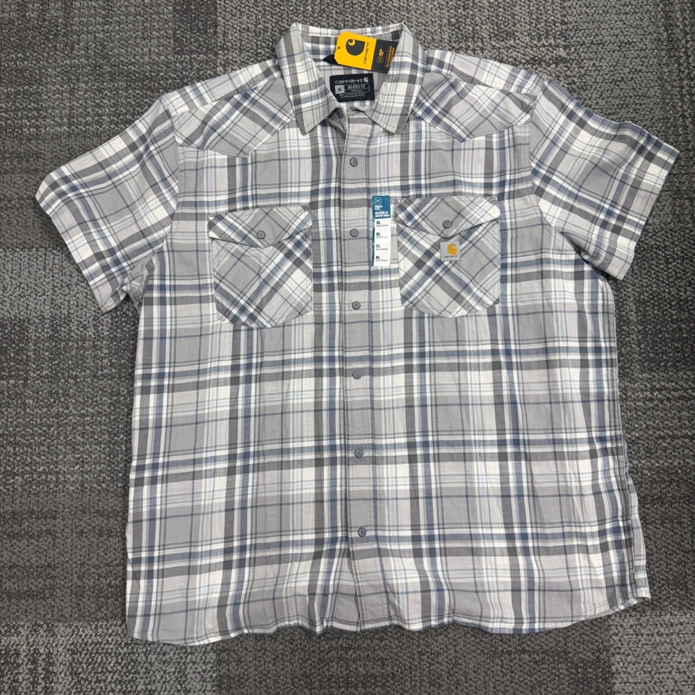 Carhartt Montana Bozeman Shirt Mens XL Grey Plaid Rugged Flex Short Sleeve Snap